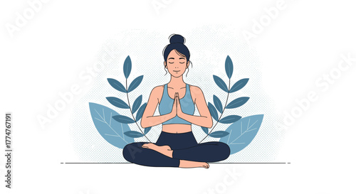 Young woman meditating peacefully in a yoga lotus pose, with hands in namaste mudra, surrounded by calming plant leaves.