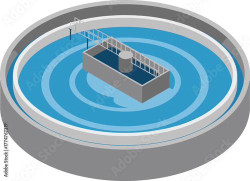 Isometric 3D illustration of circular water sedimentation tank used in wastewater treatment process for industrial purification and filtration system