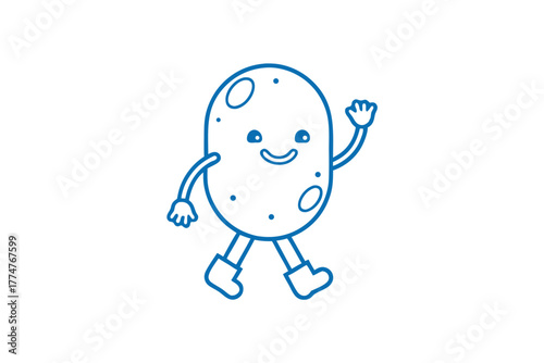 Cute blue potato smiles while walking and waving his hand cheerfully on white