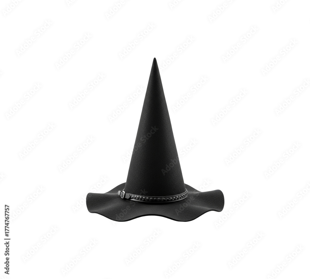 Fototapeta premium Black witch hat with pointed top and wide brim isolated on transparent background