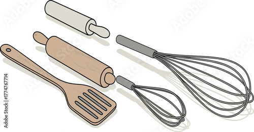 Minimalist kitchen utensil collection illustration, wooden spatula, rolling pins, and wire whisks, clean modern cooking tool design for bakery concept