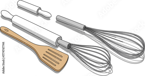 Minimalist kitchen utensil collection illustration, wooden spatula, rolling pins, and wire whisks, clean modern cooking tool design for bakery concept