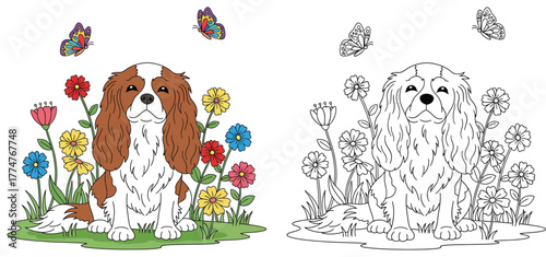 Cute Cavalier King Charles Spaniel Puppy Dog Sitting in a Colorful Flower Garden with Butterflies - Adorable Pet Coloring Page Design