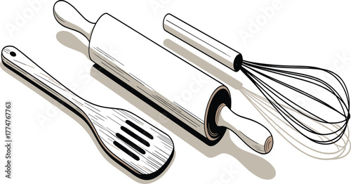 Minimalist kitchen utensil collection illustration, wooden spatula, rolling pins, and wire whisks, clean modern cooking tool design for bakery concept