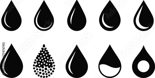 Set of black water drop icon designs, creative liquid droplet collection, minimalist teardrop shapes, graphic symbols for water concept illustration