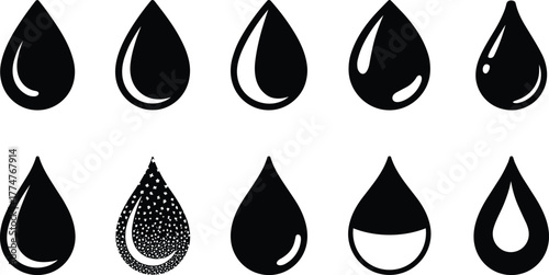 Set of black water drop icon designs, creative liquid droplet collection, minimalist teardrop shapes, graphic symbols for water concept illustration