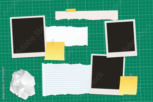 Bulletin board template with empty photo frame, blank paper and sticky notes on cutting mat Vector illustration	
