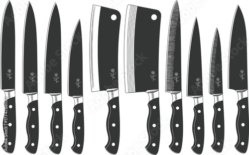 Set of professional kitchen knives illustration, black and white silhouette design, chef tools collection, butcher cleaver,