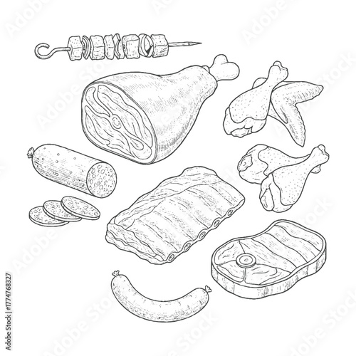 Hand-Drawn Assortment of Meat Cuts and Sausages