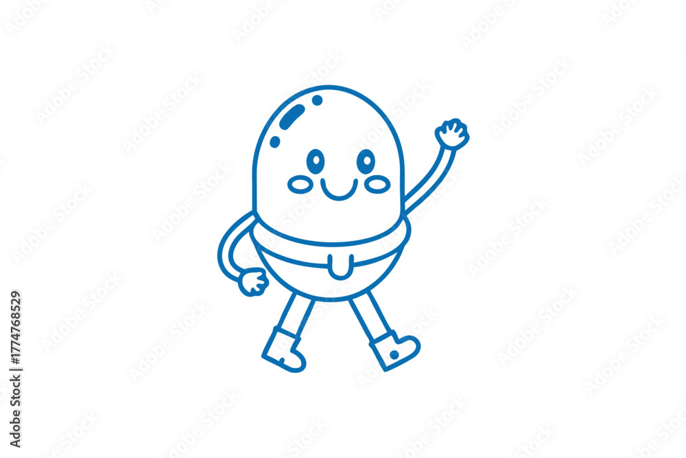 Obraz premium Joyful blue line cartoon egg character happily waves hello on a white backdrop