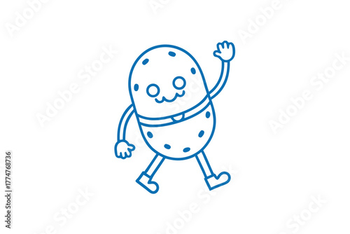 Cheerful potato character with dotted skin is waving while happily walking forward