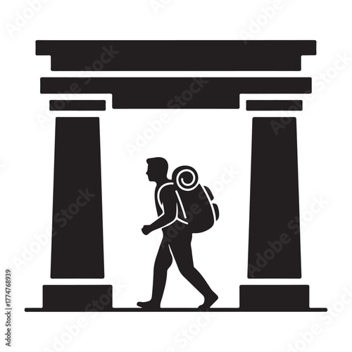 Silhouette of a traveler with a backpack walking through an ancient archway backpacker person