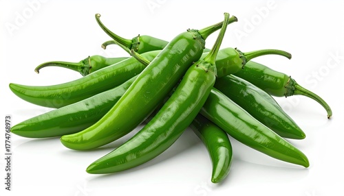 Close-up Of Fresh Green Serrano Peppers Stacked In A Pile On A White Background