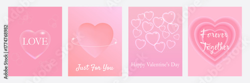 Set of four posters with the words LOVE, Just For You, Happy Valentine’s Day, Forever Together. Made in delicate pink-peach tones with translucent hearts.