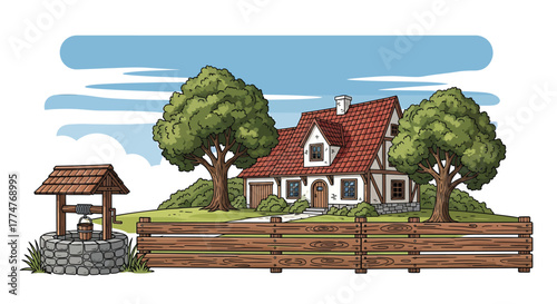 Quaint country house with well and wooden fence, surrounded by trees