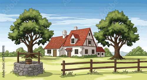 Charming country house with a well, surrounded by lush greenery and trees