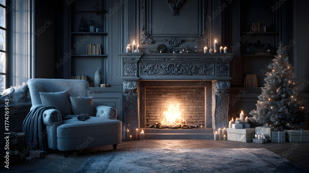 Naklejka premium Modern classic gray empty interior with fireplace, christmas tree and gifts. 3d render illustration mock up