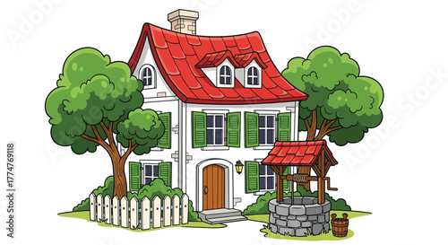 Illustration of a house with a well and trees