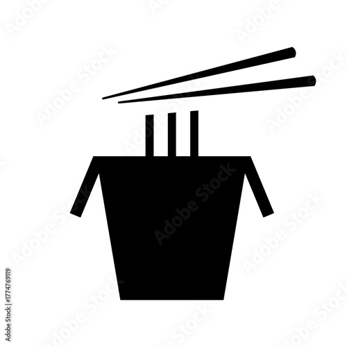 Noodles in cardboard box with chopsticks icon. Lokshina wok with spices and hot broth for snack or hearty lunch