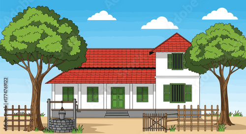 Illustration of a house with red roof, trees and well against blue sky
