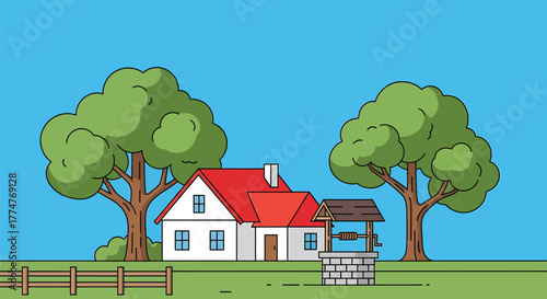 Illustration of a house with red roof, trees and well against blue background