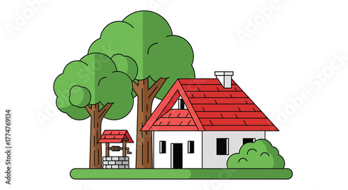 Illustration of a house with a red roof, trees, and a water well