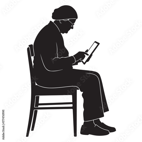 Silhouette of elderly woman sitting and using tablet on white background senior