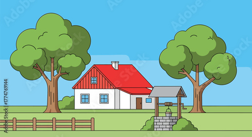 Illustration of a house with a red roof, trees, and a water well