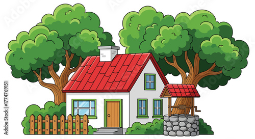 Illustration of a house with a red roof, trees, and a water well