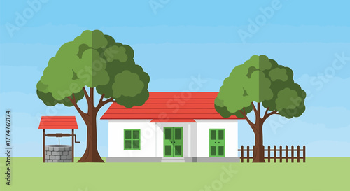Cartoon house with red roof, water well, trees and white picket fence