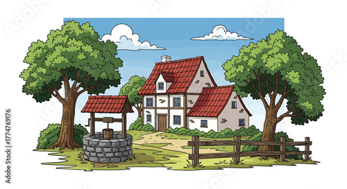 Charming countryside house with a well, surrounded by lush green trees