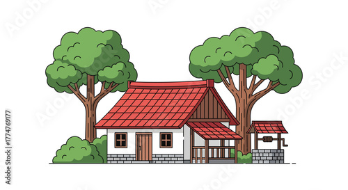 Quaint house with red roof, surrounded by trees and a well