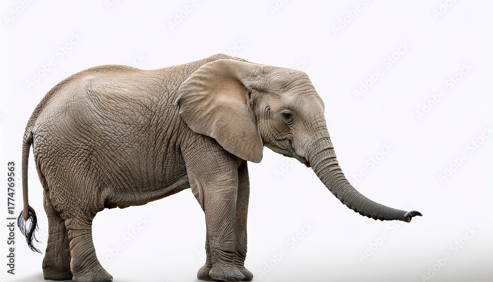 Obraz premium gentle elephant with trunk raised on a white background