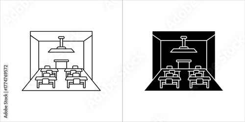 Two classroom illustrations, one in outline and one in silhouette