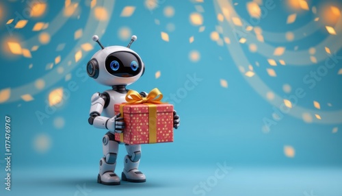 A friendly android robot stands happily in a blue background