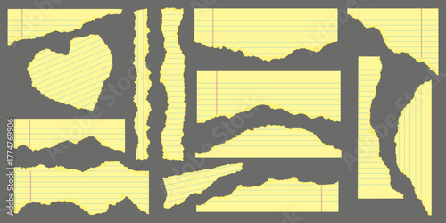 Yellow legal pad ripped paper for office and business memos. Textured vector notebook pieces of striped sheets with torn edge. Collage set with strokes for banner design and scrapbooking.
