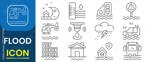Flood icon set. River water natural disaster damage home vector icon. Tsunami disaster sign for UI, UX designs. Includes alarm, building, damage, disaster, flooded house, and More. Vector illustration