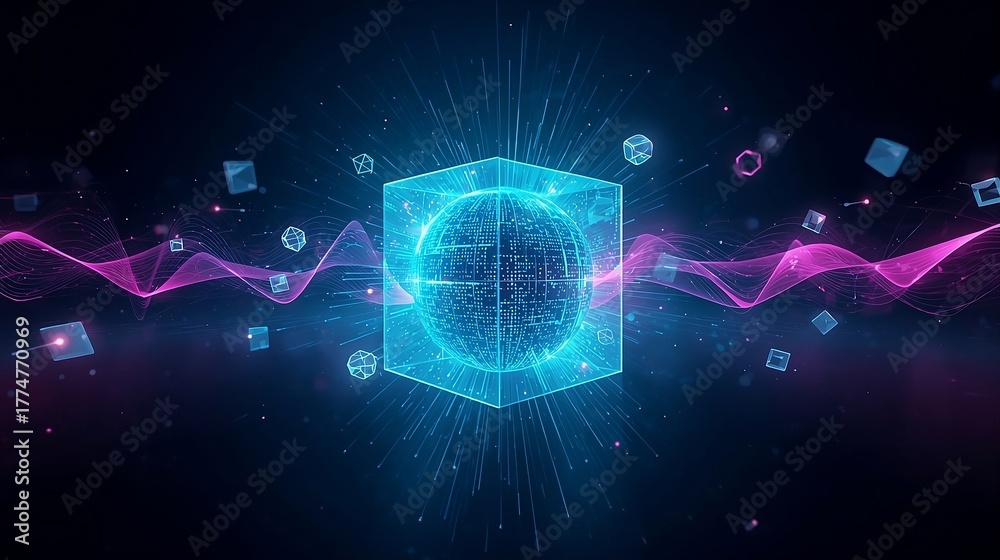 Fototapeta premium Futuristic wallpaper of spatial computing and the immersive internet: AR/VR/XR headsets, holographic UI, 3D maps, digital twins, and mixed-reality light blending real and virtual worlds. In XR. 3D UI