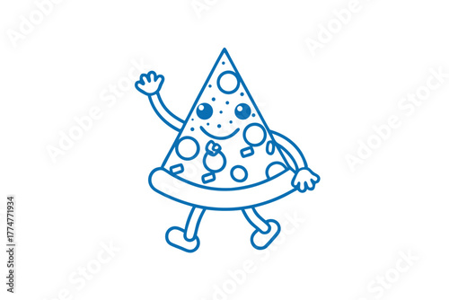 Playful pizza slice character waves hello as it walks happily in a vibrant blue tone