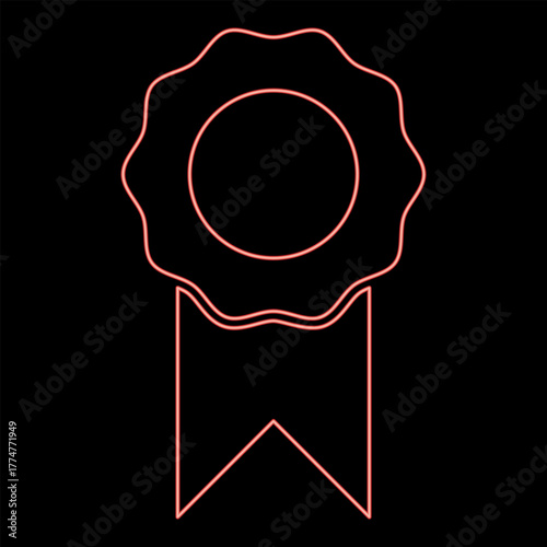 Neon medal with ribbon winner award prize certificate seal emblem stamp badge medallion rosette red color vector illustration image flat style