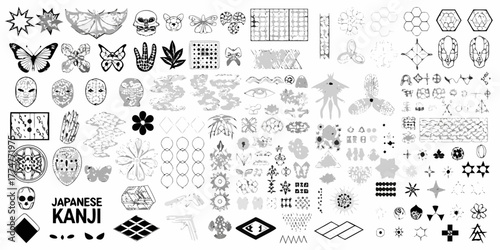 Collection of japanese inspired graphic elements and symbols including masks butterflies skulls flowers and abstract patterns