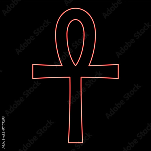 Neon coptic cross Ankh ancient Egyptian religious symbol red color vector illustration image flat style