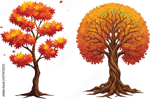 Autumn trees with red orange yellow foliage, sparse angular branches, dense round canopy, seasonal contrast, artistic fall design, decorative symbolic illustration