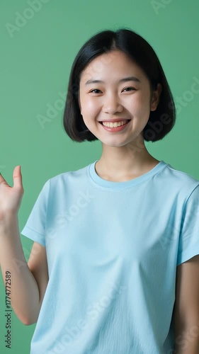 Beautiful Asian girl in a light blue casual T-shirt smiling warmly and waving at the camera, standing against a solid green background, soft daylight, realistic style, friendly atmosphere.
