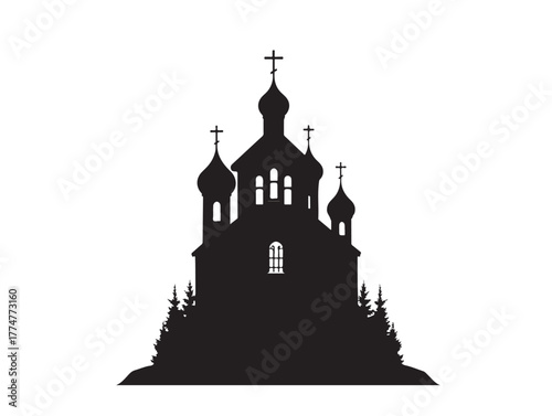 Christmas church icon with moon and stars in silhouette