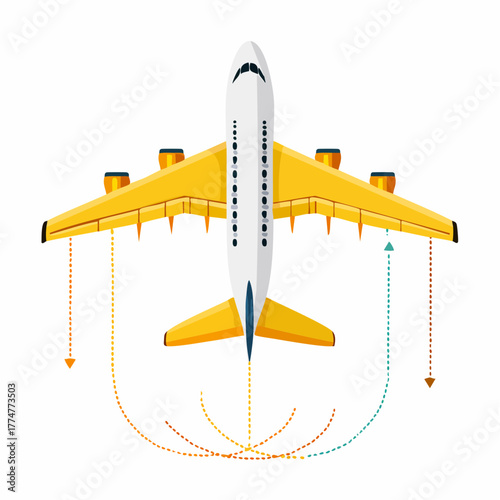 Overhead view of a yellow and white airplane with dotted lines.