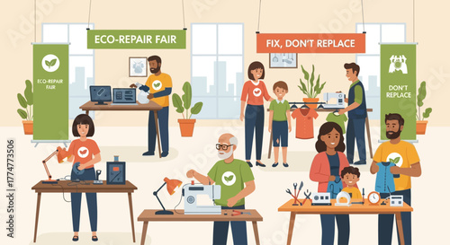 Diverse community embraces sustainability at an eco-repair fair fixing electronics and clothing to reduce waste