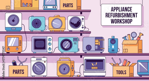 Vibrant appliance refurbishment workshop showcases diverse devices and tools, promoting repair and sustainability
