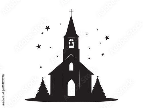 Christmas church icon with moon and stars in silhouette white background.