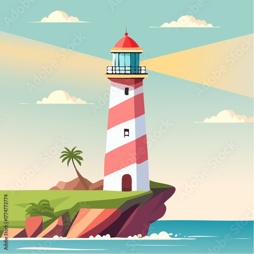 A picturesque lighthouse stands tall on a cliff overlooking the ocean, with a palm tree nearby.